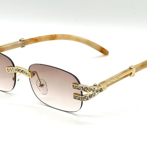 Rhinestone Sunglasses Rimless Buffs Brown Lens Fashion Shades Music Party Shades Hip Hop Street Champagne