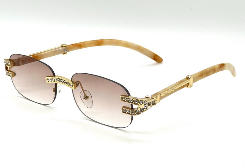 Rhinestone Sunglasses Rimless Buffs Brown Lens Fashion Shades Music Party Shades Hip Hop Street Champagne