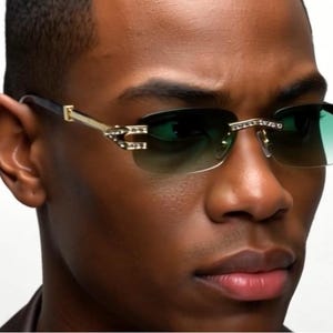 Rhinestone Rimless Men Sunglasses Fashion Green Tinted Lens Hip Hop Street Shades Rectangular Retro