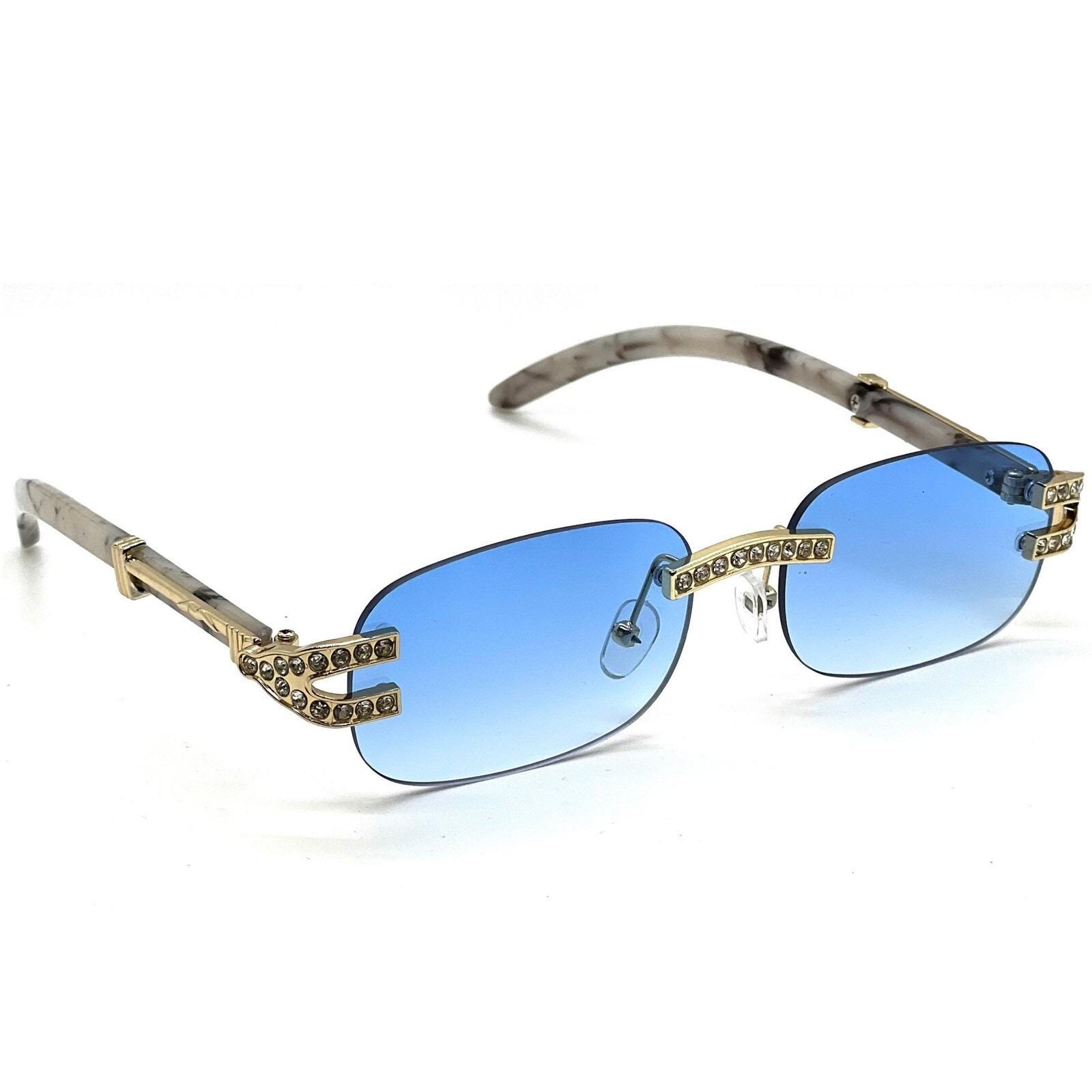 Rhinestone Rimless Sunglasses Blue Lens Marble Gold Accents  display picture 1