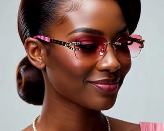 Diamond Female Sunglasses Pink Lens Gold Accent Square Rimless Shades Fashion Women Luxury Style