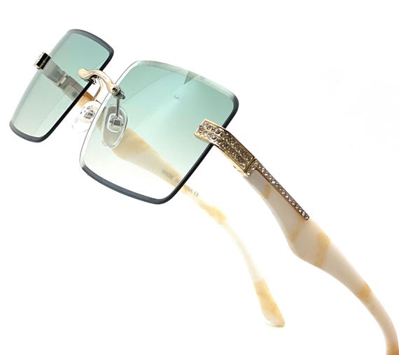 Rimless Rectangle Sunglasses Green Lens Rhinestone Accents  display picture 1