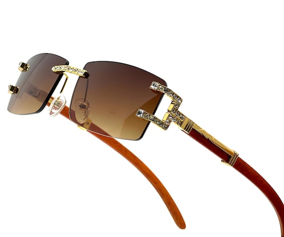 Square Sunglasses Rimless Brown Lens Wood Grain Legs Fashion  display picture 2