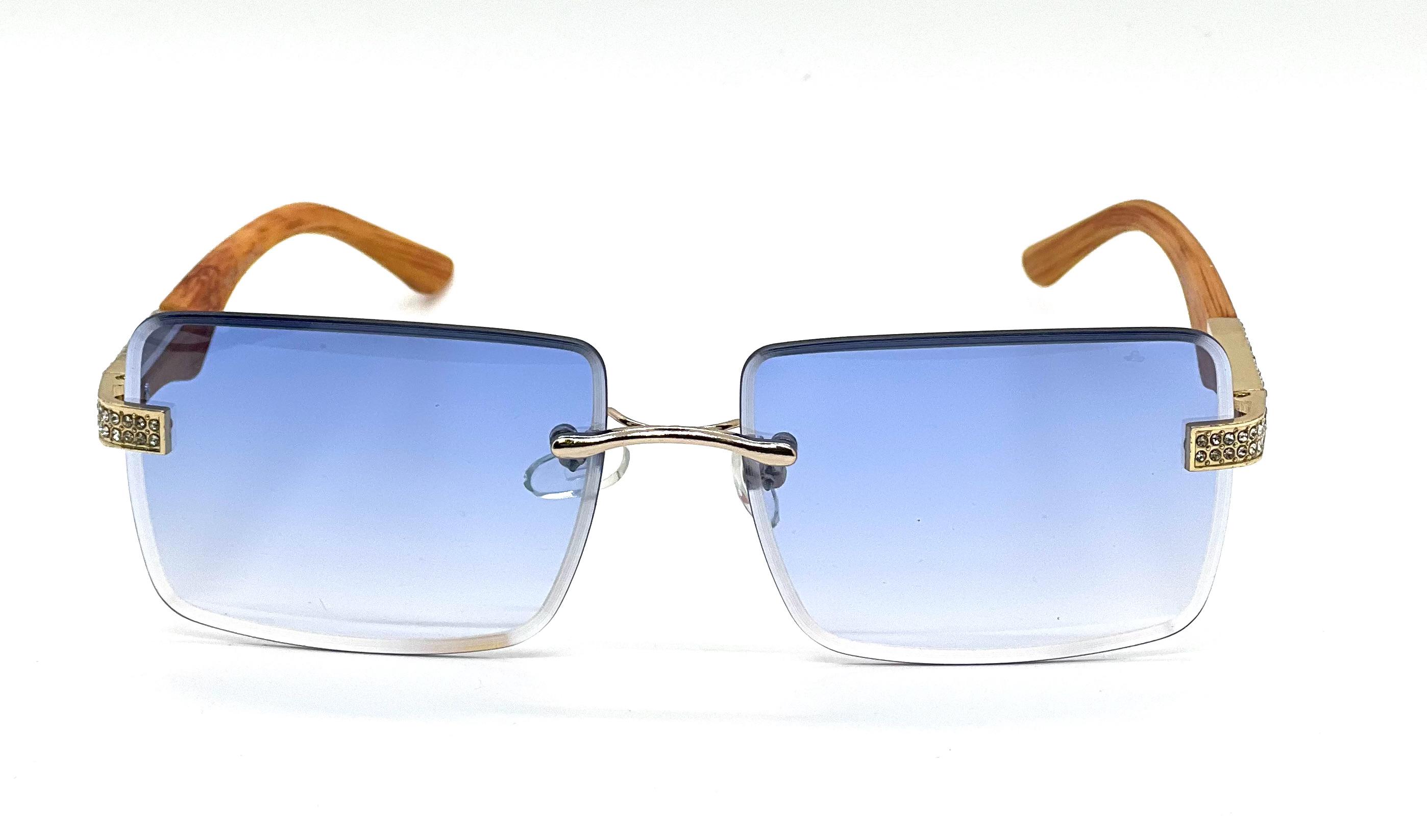 Rimless Sunglasses Wood Grain Frame Rhinestone Accents Blue 
