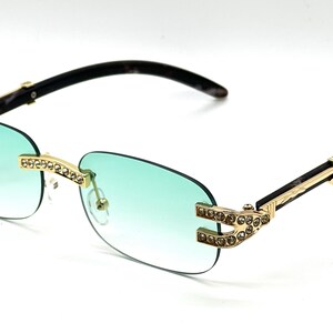 Rhinestone Sunglasses Rimless Buffs Brown Lens Fashion Shades Music Party Shades Hip Hop Street Green