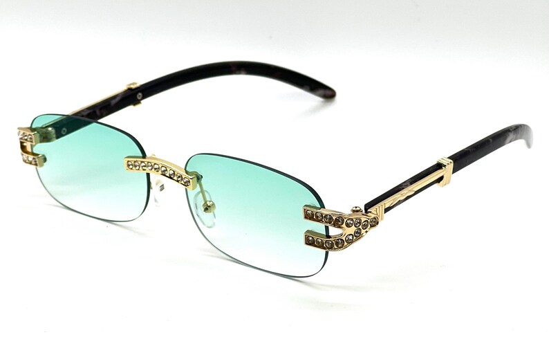 Rhinestone Sunglasses Rimless Buffs Brown Lens Fashion Shades Music Party Shades Hip Hop Street Green