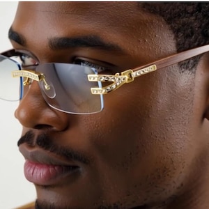 Rhinestone Sunglasses Rimless Buffs Brown Lens Fashion Shades Music Party Shades Hip Hop Street image 12
