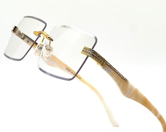 Men Fashion Rimless Sunglasses Rectangle Clear Lens Gold Accent Eyewear Hip Hop