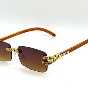 Rhinestone Sunglasses Rimless Buffs Brown Lens Fashion Shades Music Party Shades Hip Hop Street Brown Light Wood