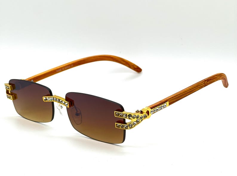 Rhinestone Sunglasses Rimless Buffs Brown Lens Fashion Shades Music Party Shades Hip Hop Street Brown Light Wood