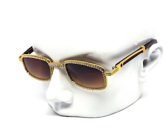 Men Sunglasses Diamond Gold Frame Brown Lens Rectangular Fashion Buffs Woody New