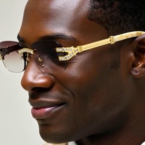 Rhinestone Rimless Sunglasses Vintage Hip Hop Shades Men Light Brown Lens Classy