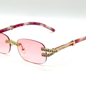 Rhinestone Sunglasses Rimless Buffs Brown Lens Fashion Shades Music Party Shades Hip Hop Street Pink
