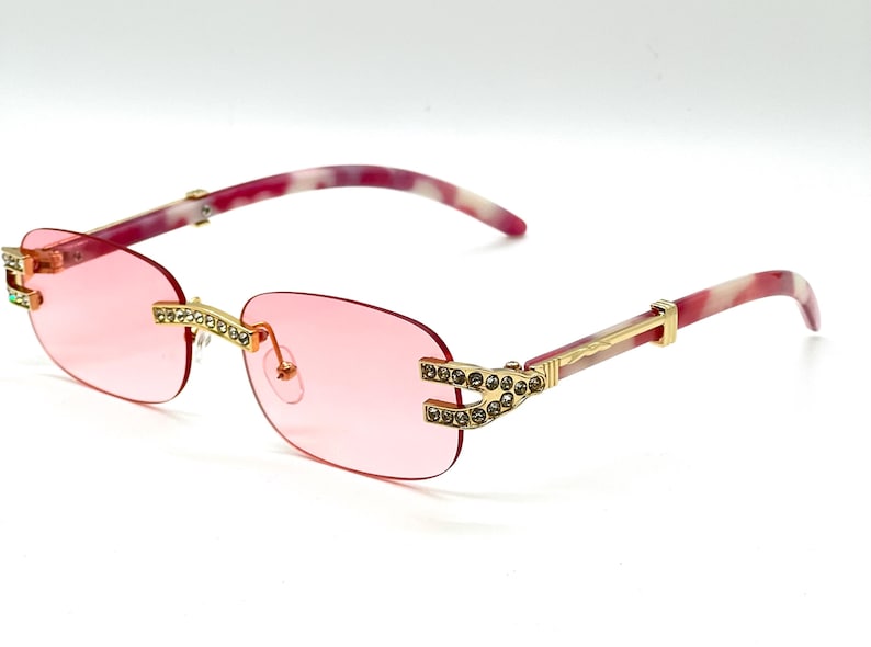 Rhinestone Sunglasses Rimless Buffs Brown Lens Fashion Shades Music Party Shades Hip Hop Street Pink