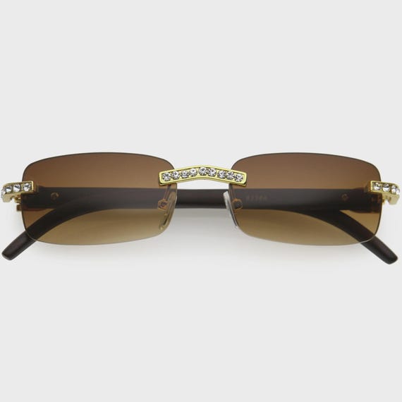 Rimless Sunglasses Rectangle Black Lens Frame Rhinestone  display picture 2