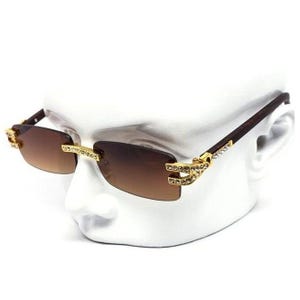 Rhinestone Sunglasses Rimless Buffs Brown Lens Fashion Shades Music Party Shades Hip Hop Street Brown Dark Wood