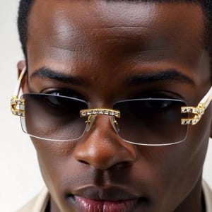 Rhinestone Men Sunglasses Rectangular Clear Lens Marble Trendy Retro Frame less Hip Hop Classy