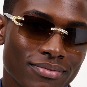 Rhinestone Sunglasses Rimless Buffs Brown Lens Fashion Shades Music Party Shades Hip Hop Street image 1