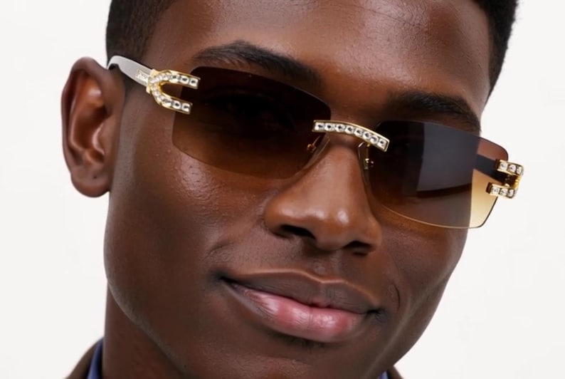 Rhinestone Sunglasses Rimless Buffs Brown Lens Fashion Shades Music Party Shades Hip Hop Street image 1