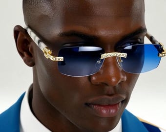 Rimless Sunglasses Blue Lens Gold Accents Fashion Eyewear Men Street Wear Trendy