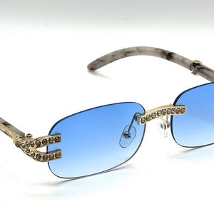Rhinestone Sunglasses Rimless Buffs Brown Lens Fashion Shades Music Party Shades Hip Hop Street Blue