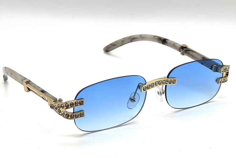 Rhinestone Sunglasses Rimless Buffs Brown Lens Fashion Shades Music Party Shades Hip Hop Street Blue
