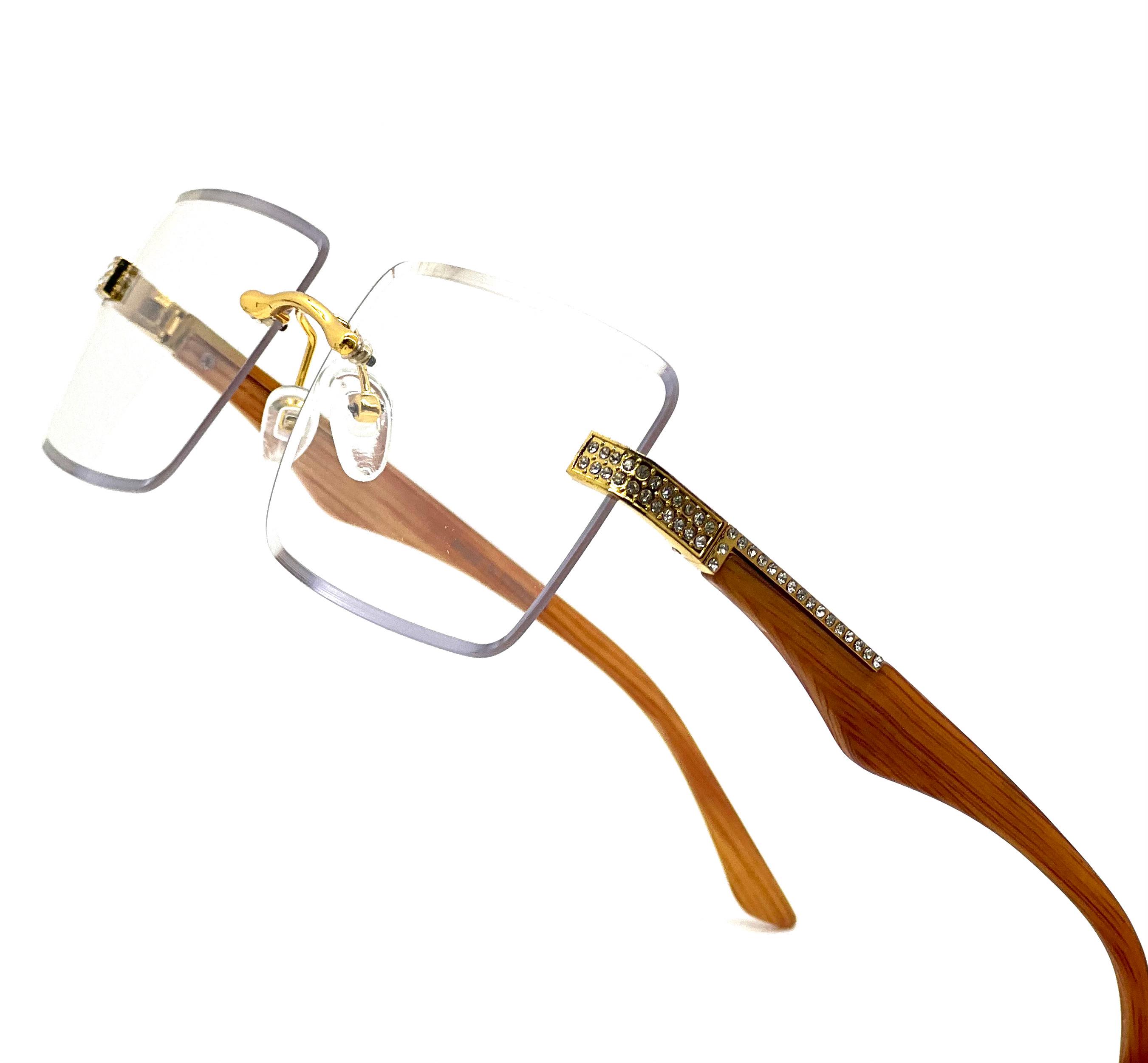 Rimless Rectangle Hip Hop Sunglasses Wood Grain Arms  display picture 1