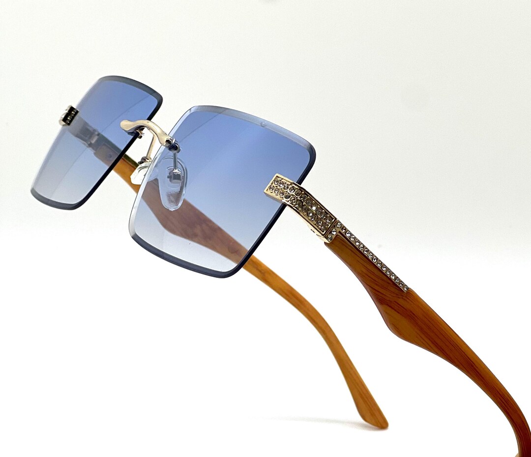 Women Rimless Sunglasses Wood Grain Frame Rhinestone Accents Blue Lens Luxury Rimless Sunglasses Wood Grain Frame Rhinestone Accents Blue  main image 2