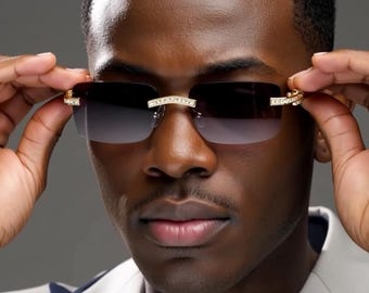 Rimless Sunglasses Gold Rhinestone Wood Arms Brown Lens Men Hip Hop Square Style