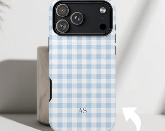 Custom Baby Blue Gingham Phone Case Personalized Monogram Initial Name iPhone 17 16 15, Samsung & Pixel