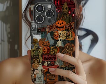 May include: A phone case with a collage of Halloween-themed images. The design includes pumpkins, ghosts, and the word "Halloween" in orange. Other text includes "Horror", "Freak Sheets", and "Eerie Evening".