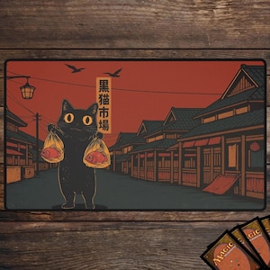 May include: A black cat illustration carrying two bags of fish in a Japanese-style street scene. The background is a red sky with buildings and the text "Black Cat Market". The image is on a black mat.