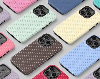 カスタムカラー水玉模様のスマホケース、モノグラムイニシャル入りiPhoneケース、レトロなデザイン、Pixel & Samsungモデル対応、名前入りMagsafeスマホケース