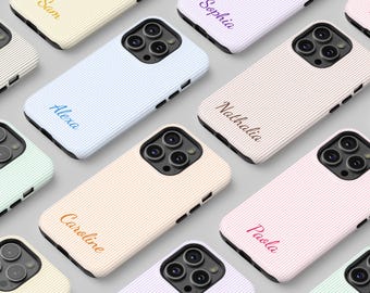 Personalized Pastel Stripe Phone Case, Custom Monogram Initial Name MagSafe iPhone 17 16 15 14 Tough Cover