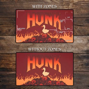 May include: A red and orange playmat with the word "HONK" in large, stylized letters. A white duck stands atop a pile of skulls, with flames below. The top mat has zones labeled, the bottom one does not.