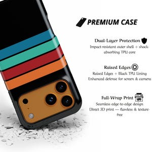 May include: Black phone case with a retro stripe design in teal, orange, red, and blue. The case has a black border and a gold-colored camera area. The text "PREMIUM CASE" is visible.