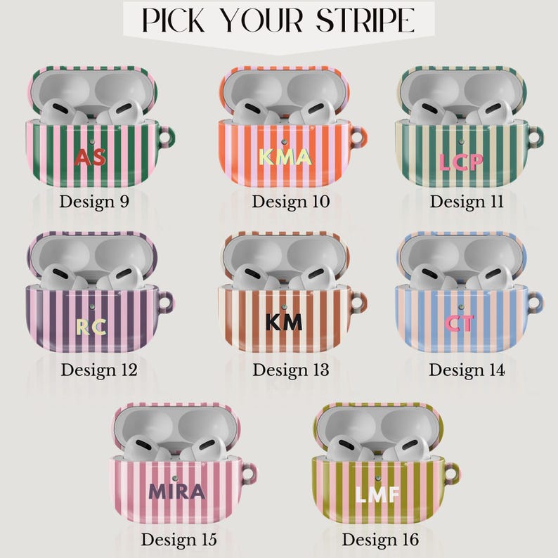 Puede incluir: Una selecci&oacute;n de fundas personalizadas para AirPod Pro con dise&ntilde;os de rayas. Cada funda tiene forma de taza de t&eacute; y presenta iniciales en un color contrastante. Las fundas est&aacute;n disponibles en varias combinaciones de colores, con el texto "Pick Your Stripe".