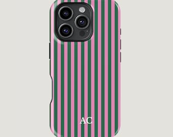 カスタムイニシャルストライプ柄スマホケース：プレッピーモノグラム iPhone、Samsung、Pixel対応
