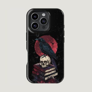 Gothic Bookish Phone Case Dark Academia Aesthetic Book Raven & Bookshelf Goth Decor Phone Charm | iPhone 16 15 14 Pro Case, Samsung, Pixel 8