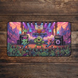 May include: A rectangular desk mat featuring a colorful illustration of a goblin rock band performing on a stage. The band includes a drummer, a lead singer, and two guitarists, all surrounded by a cheering crowd of green goblins in a mountain setting.