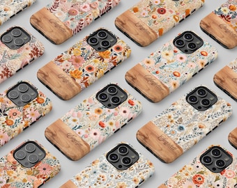 Personalized Floral iPhone Case: Woodgrain Wildflower MagSafe Cover