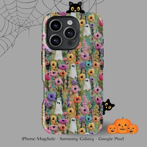 Hard phone case with pastel embroidered-look flowers and cute white ghost pattern, fits iPhone and Samsung models, spooky floral aesthetic