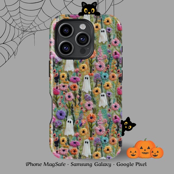 Floral Ghost Phone Case Halloween iPhone 16 15 14 13, Samsung S25 S24, embroidered Halloween aesthetic pastel goth spooky gift Pixel 8 cover