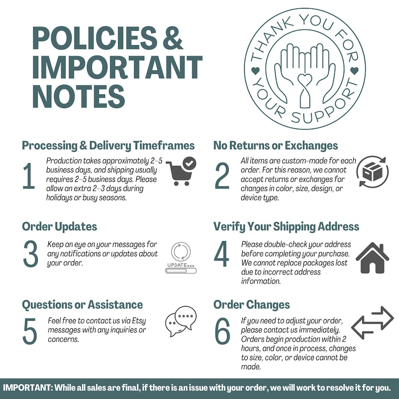 Puede incluir: Gr&aacute;fico en verde azulado y blanco con el texto "POL&Iacute;TICAS Y NOTAS IMPORTANTES". La imagen incluye informaci&oacute;n sobre los tiempos de procesamiento, devoluciones, actualizaciones de pedidos y verificaci&oacute;n de la direcci&oacute;n de env&iacute;o. Un c&iacute;rculo dice "GRACIAS POR SU APOYO".