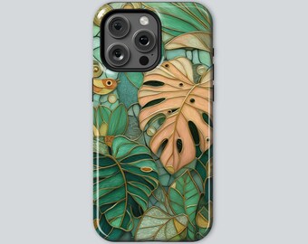 Etui na telefon Monstera Stained Glass z motywem tropikalnej dżungli na iPhone'a 17 16 15 14, Samsunga i Pixela