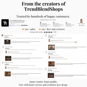 K&ouml;nnte beinhalten: Ein Bild, das TrendBlendShops bewirbt und Kundenbewertungen und Verkaufszahlen hervorhebt. Der Text betont das Vertrauen und die Zufriedenheit der Kunden, mit Hinweisen auf schnellen Versand und schnelle Antworten. Enth&auml;lt ein Star-Seller-Abzeichen und Kundenreferenzen.