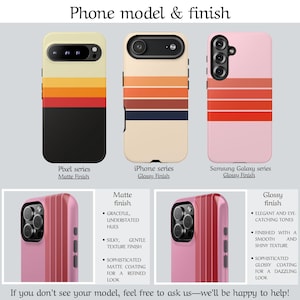 May include: Image of phone cases with retro stripe designs. The cases are shown for Pixel, iPhone, and Samsung Galaxy models. The Pixel case has a matte finish, while the iPhone and Samsung cases have a glossy finish. The cases feature a color palette of cream, orange, and black.