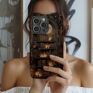 Gothic Bookshelf Phone Case Bookish Merch Dark Academia Book Phone Case for iPhone 16 15 14 Pro Case Book Lover Gift, Fantasy Library