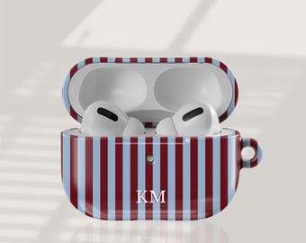 Estuche para AirPods con rayas burdeos y azules • Estuche personalizado con monograma para AirPods 4 • Nombre inicial personalizado