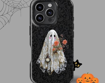 May include: Black phone case with a lace pattern and a ghost illustration. The ghost is holding a bouquet of orange flowers and a pocket watch. Black cat and pumpkin graphics are also present.